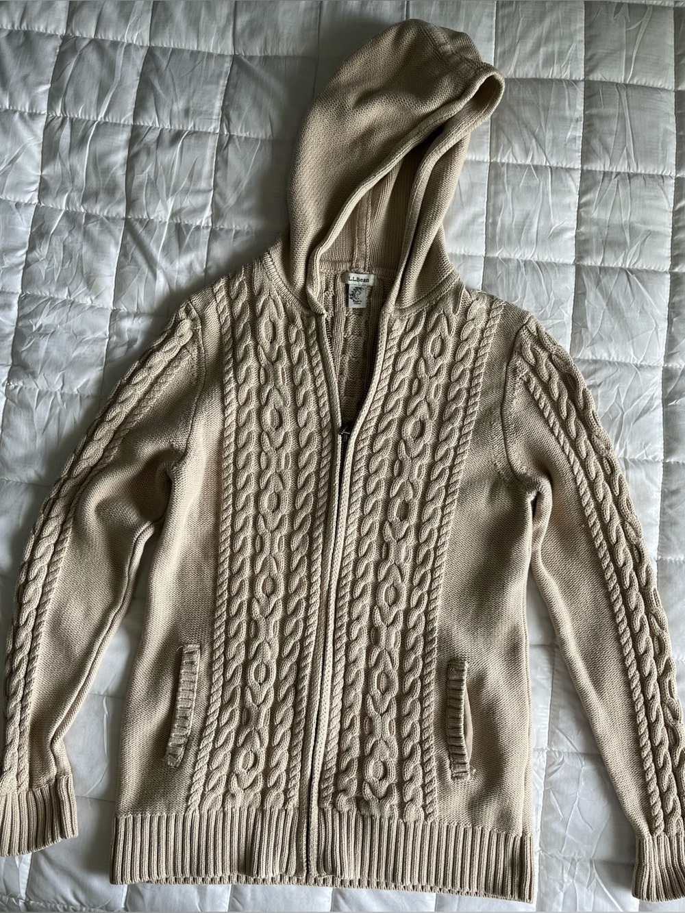LL Bean hooded cable knit zip up cardigan in tan